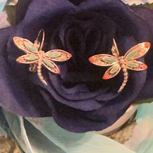 Siver-tone Dragonfly Earrings with Turquoise and Coral Colored Wings